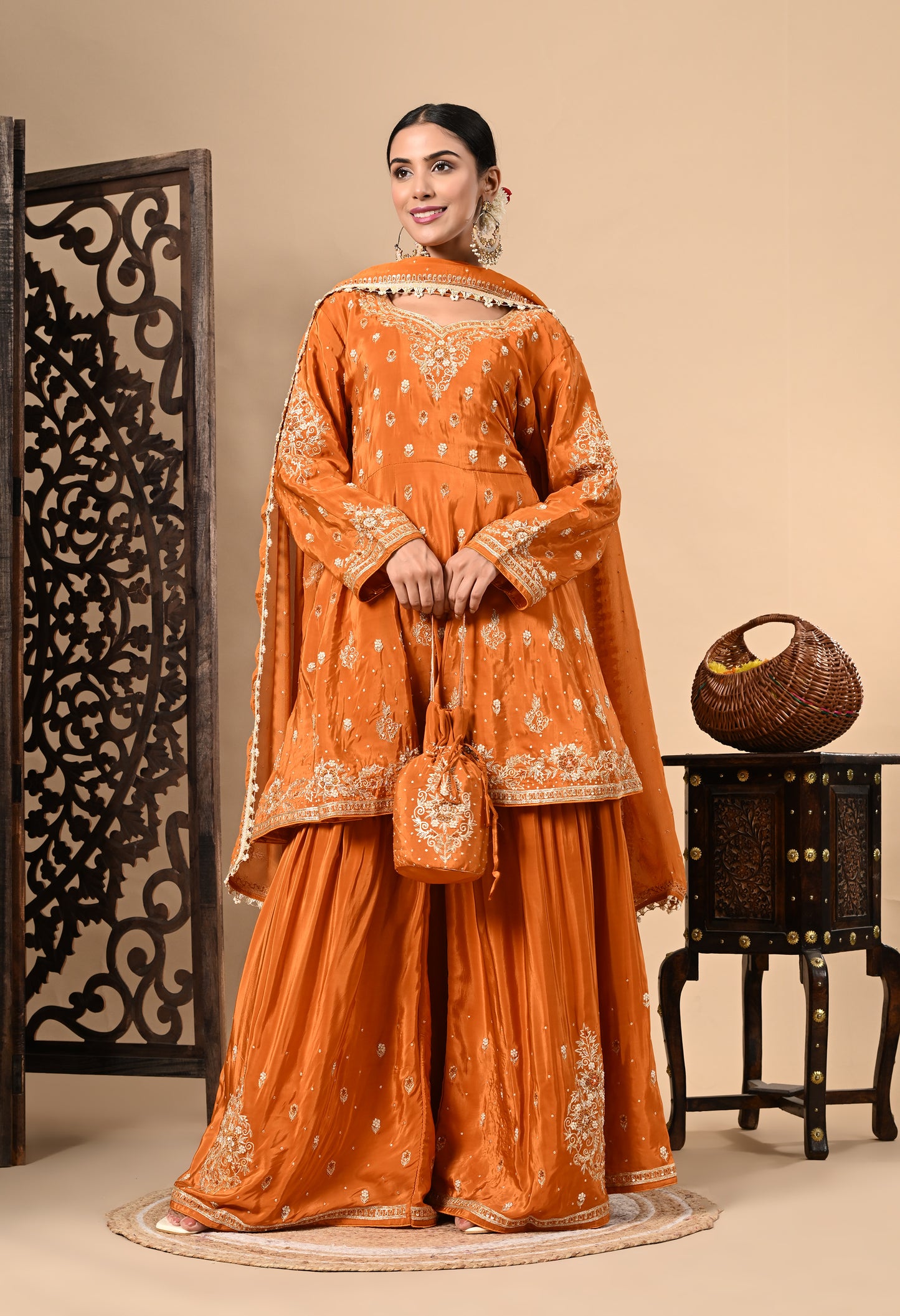 Yellowish Orange Sharara Set with Zardozi, Dabka, Sequence, and Thread Work