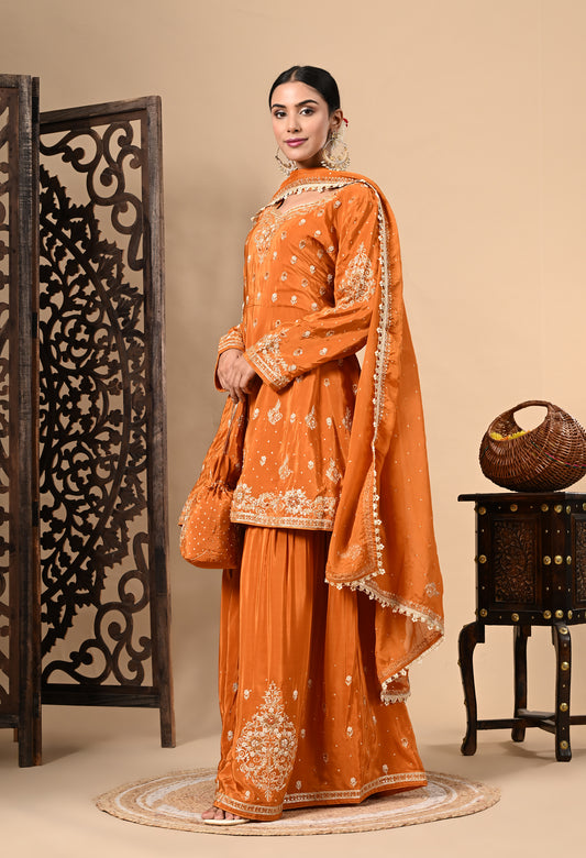 Yellowish Orange Sharara Set with Zardozi, Dabka, Sequence, and Thread Work