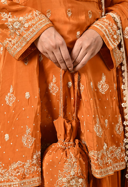 Yellowish Orange Sharara Set with Zardozi, Dabka, Sequence, and Thread Work