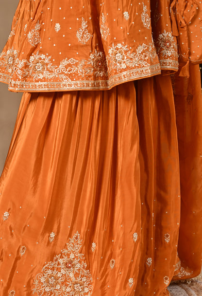 Yellowish Orange Sharara Set with Zardozi, Dabka, Sequence, and Thread Work