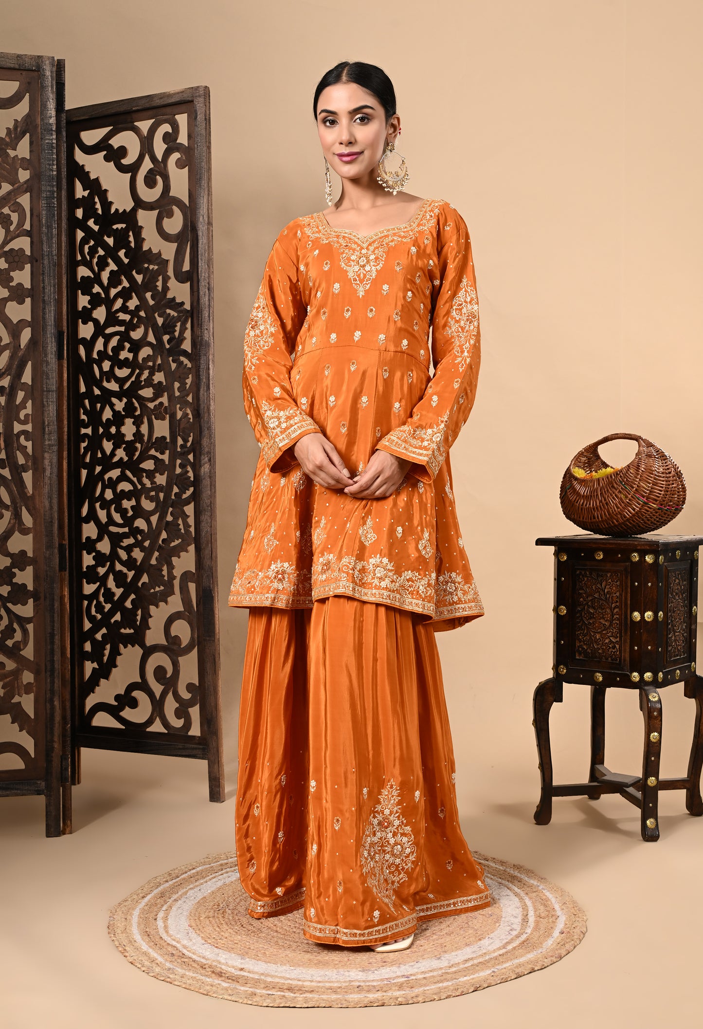 Yellowish Orange Sharara Set with Zardozi, Dabka, Sequence, and Thread Work