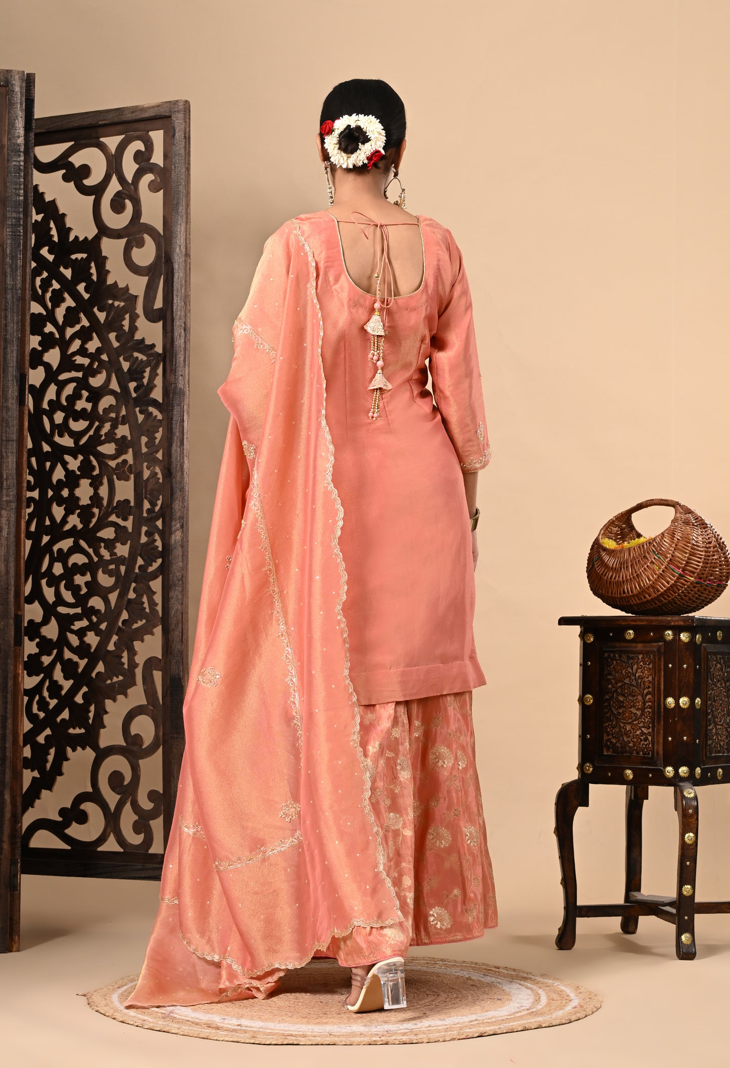 Drak Peach Sharara Set with Zardozi, Dabka, Sequence, and Thread Work