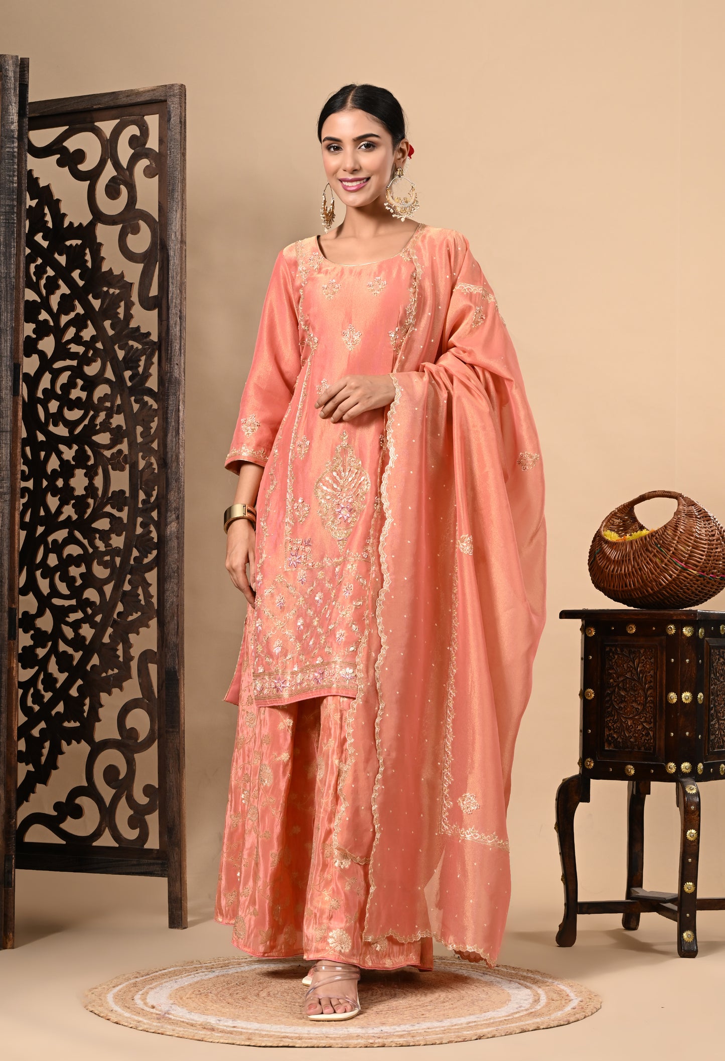 Drak Peach Sharara Set with Zardozi, Dabka, Sequence, and Thread Work