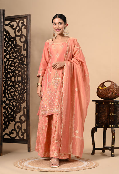 Drak Peach Sharara Set with Zardozi, Dabka, Sequence, and Thread Work