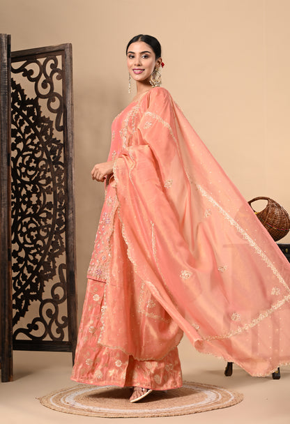 Drak Peach Sharara Set with Zardozi, Dabka, Sequence, and Thread Work