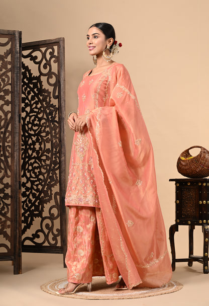 Drak Peach Sharara Set with Zardozi, Dabka, Sequence, and Thread Work