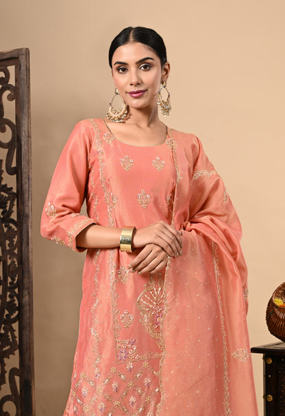 Drak Peach Sharara Set with Zardozi, Dabka, Sequence, and Thread Work