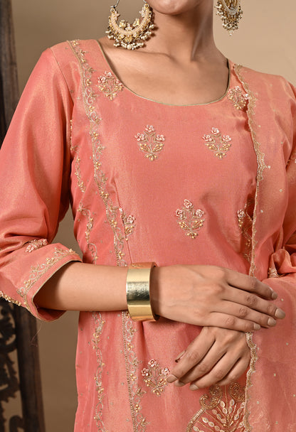 Drak Peach Sharara Set with Zardozi, Dabka, Sequence, and Thread Work