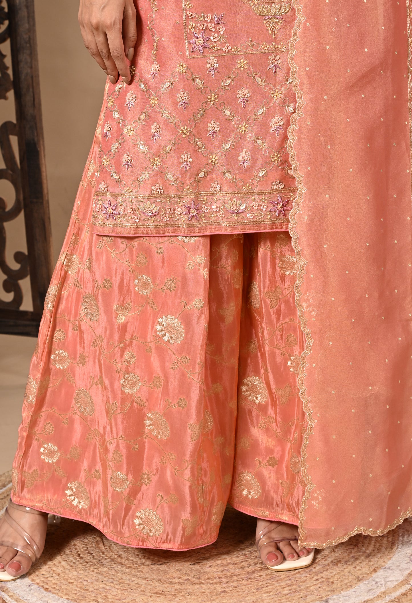 Drak Peach Sharara Set with Zardozi, Dabka, Sequence, and Thread Work