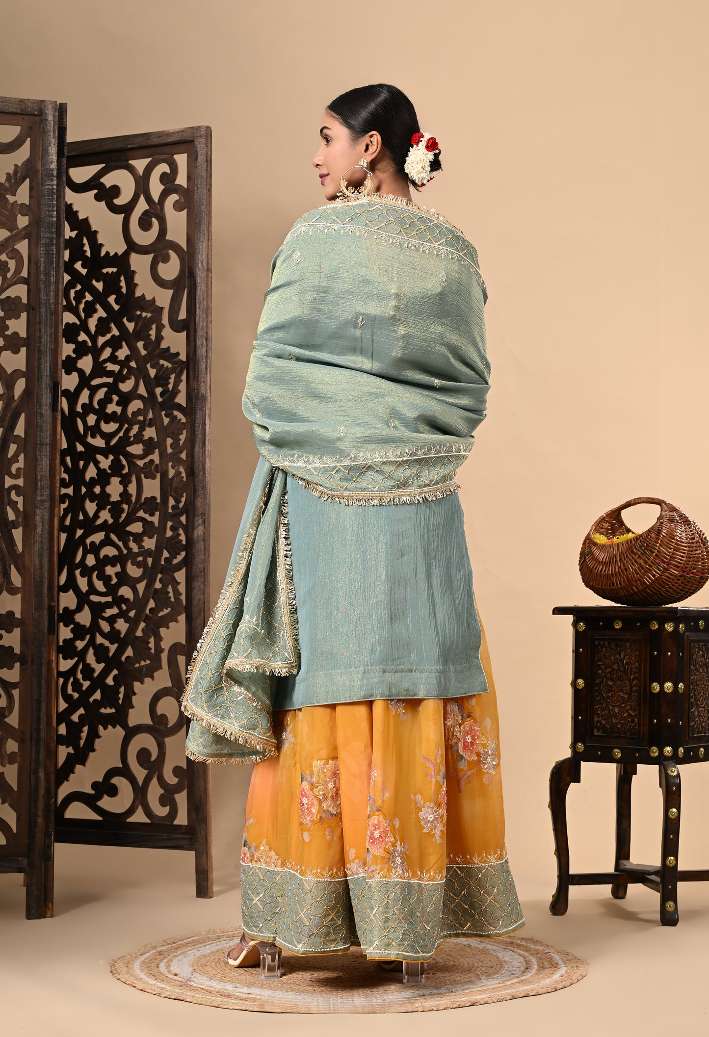 Grey and Yellow Sharara Set with Zardozi, Dabka, Sequence, and Thread Work