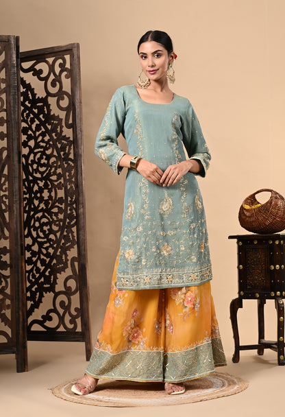 Grey and Yellow Sharara Set with Zardozi, Dabka, Sequence, and Thread Work