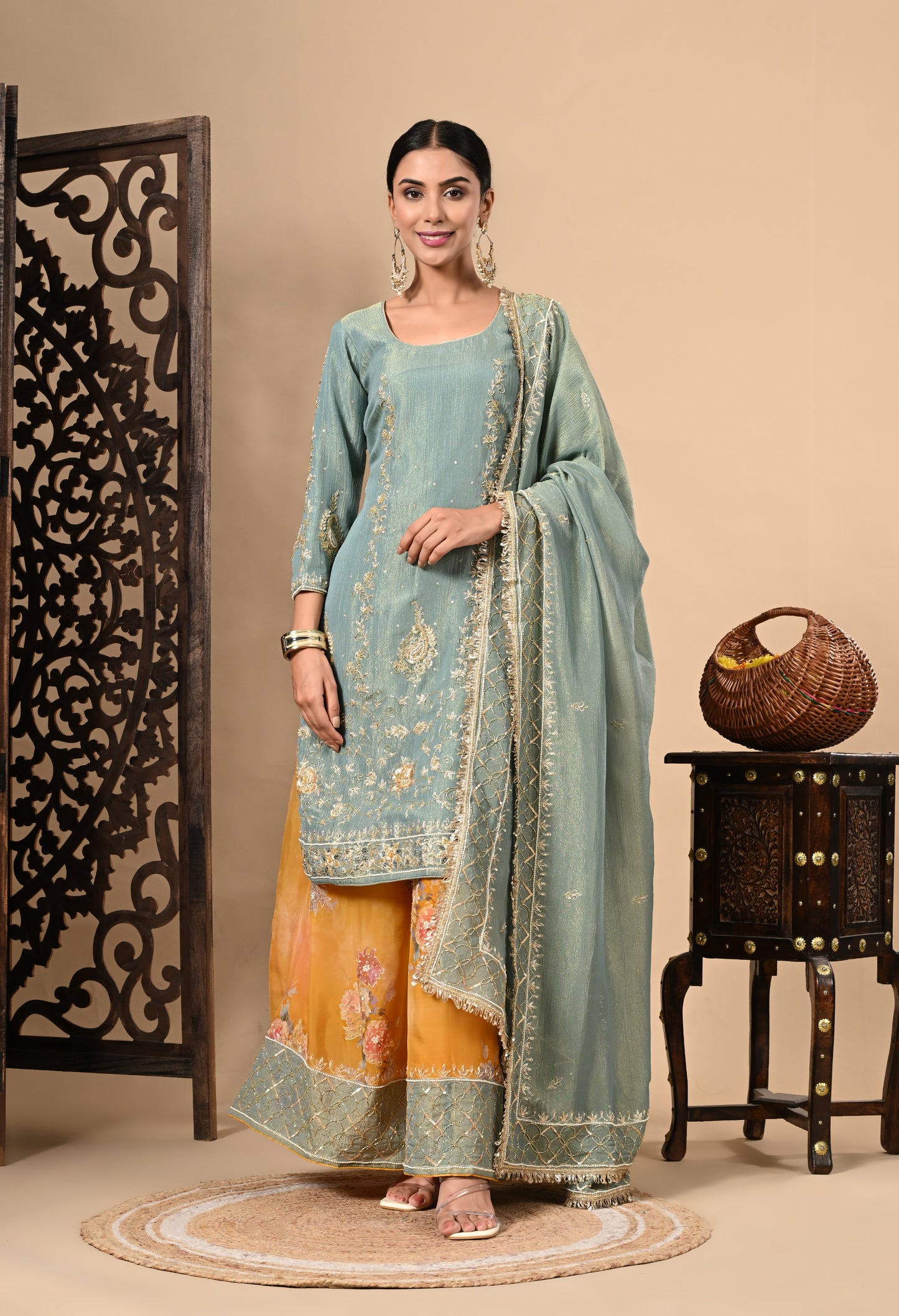 Grey and Yellow Sharara Set with Zardozi, Dabka, Sequence, and Thread Work