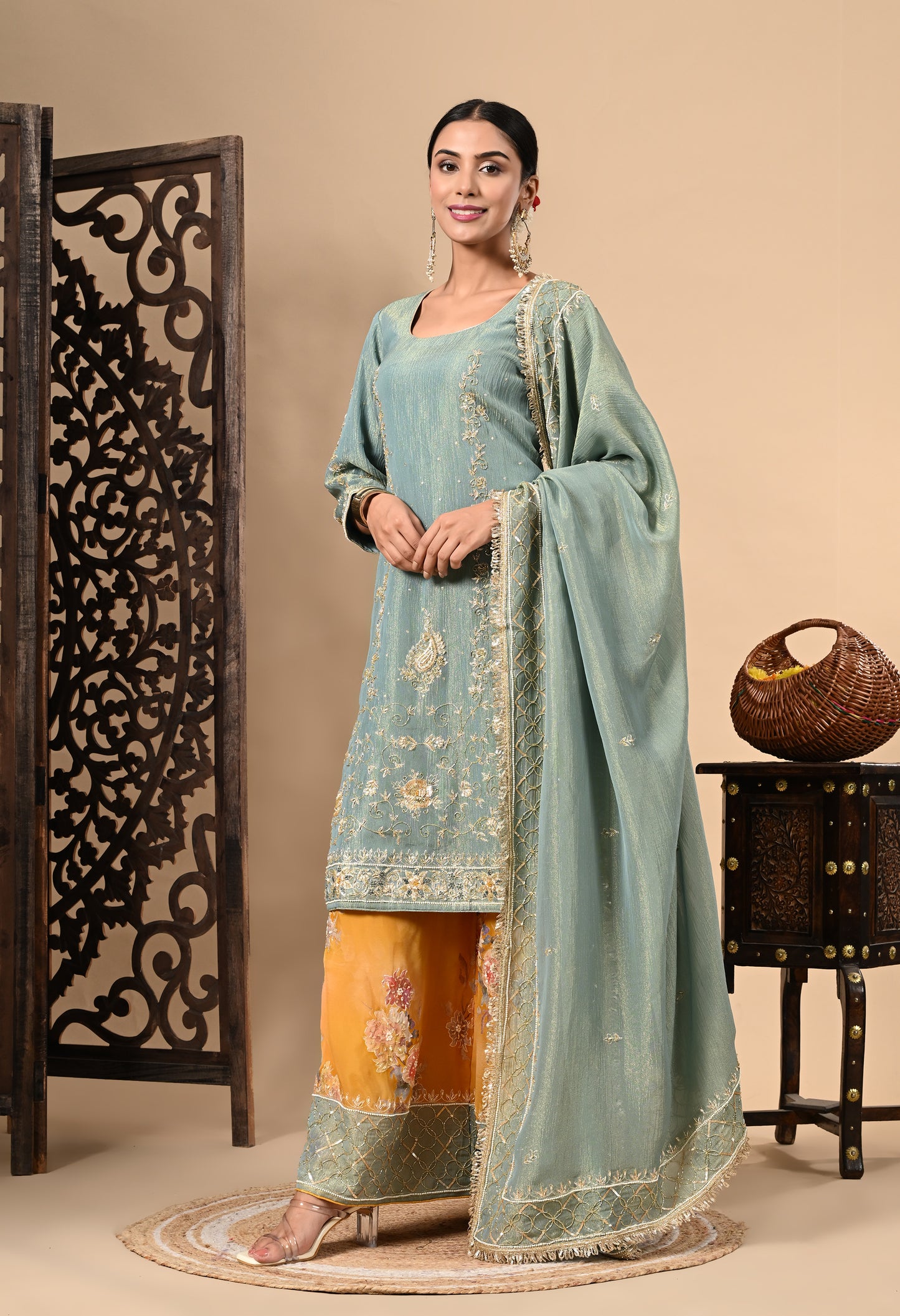 Grey and Yellow Sharara Set with Zardozi, Dabka, Sequence, and Thread Work