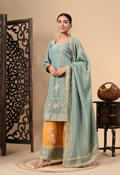 Grey and Yellow Sharara Set with Zardozi, Dabka, Sequence, and Thread Work