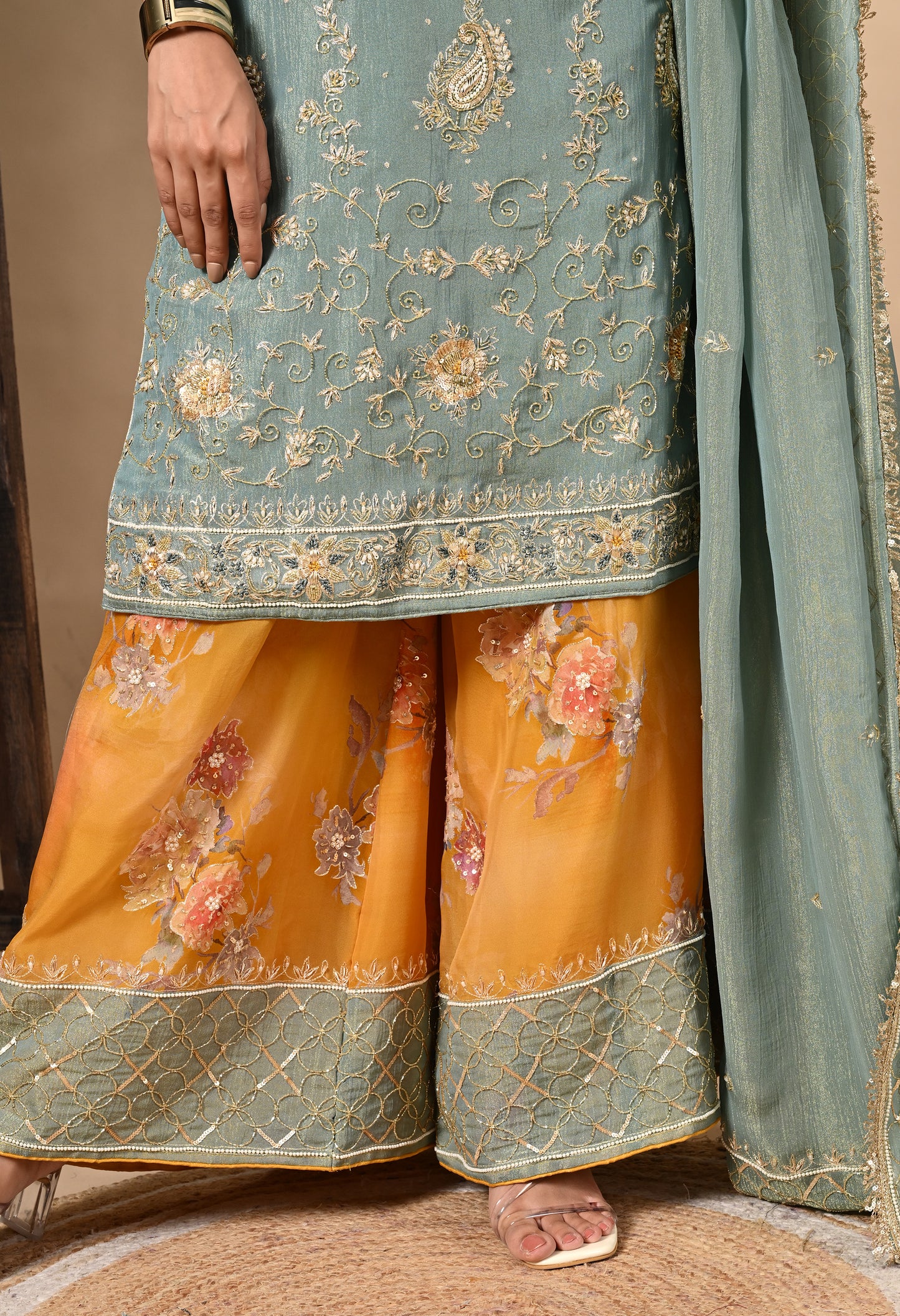 Grey and Yellow Sharara Set with Zardozi, Dabka, Sequence, and Thread Work