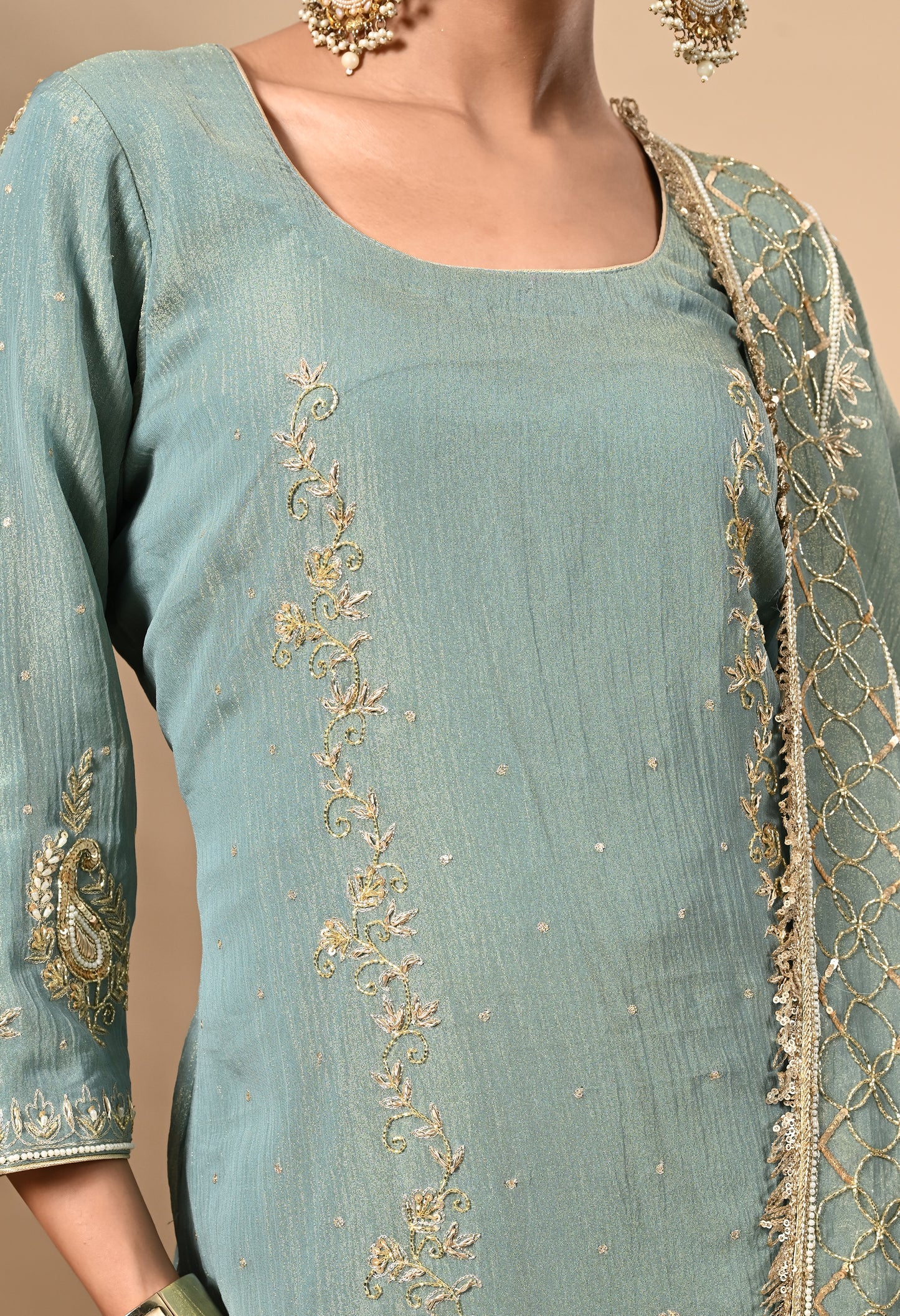 Grey and Yellow Sharara Set with Zardozi, Dabka, Sequence, and Thread Work