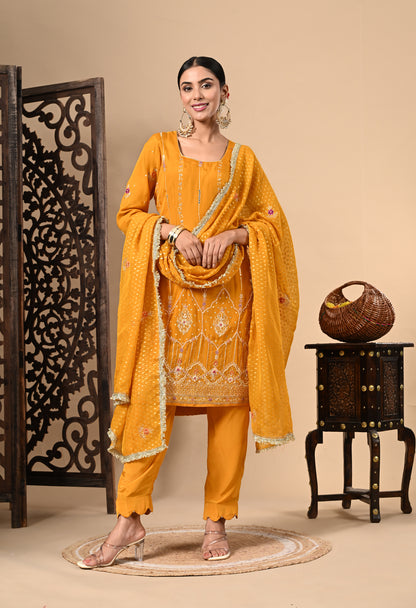 Turmeric Yellow Kurta Set with Zardozi, Dabka, Sequence, and Thread Work