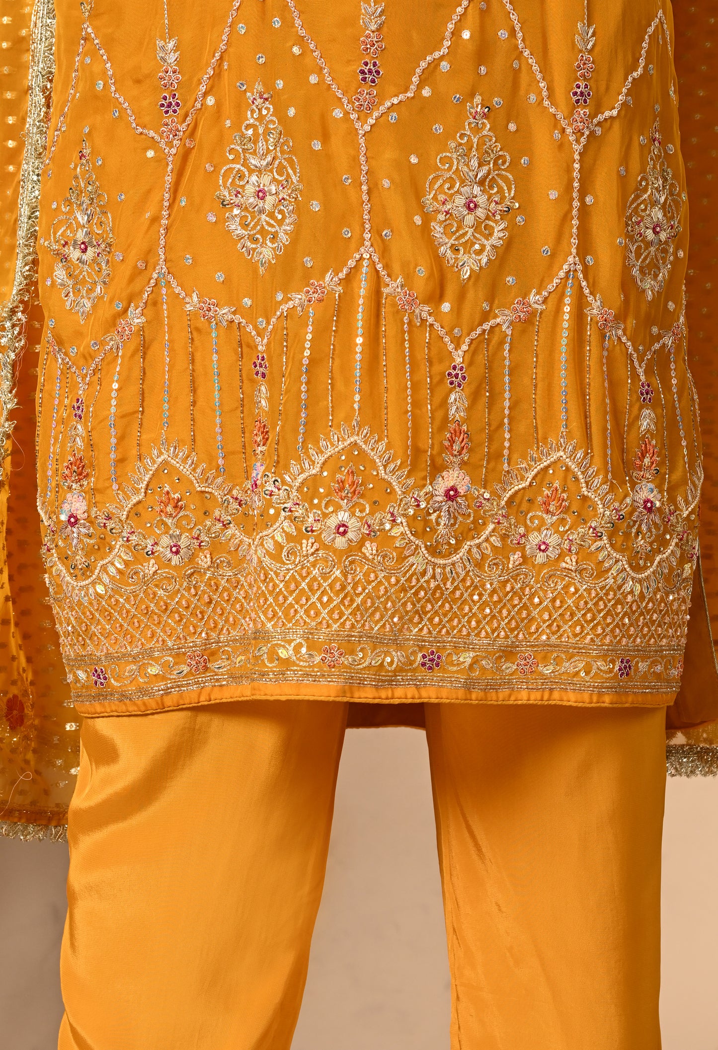 Turmeric Yellow Kurta Set with Zardozi, Dabka, Sequence, and Thread Work