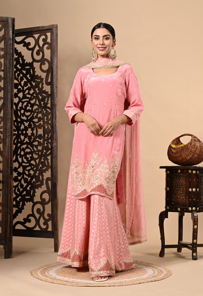 Baby Pink Sharara Set with Zardozi, Dabka, Sequence, and Thread Work