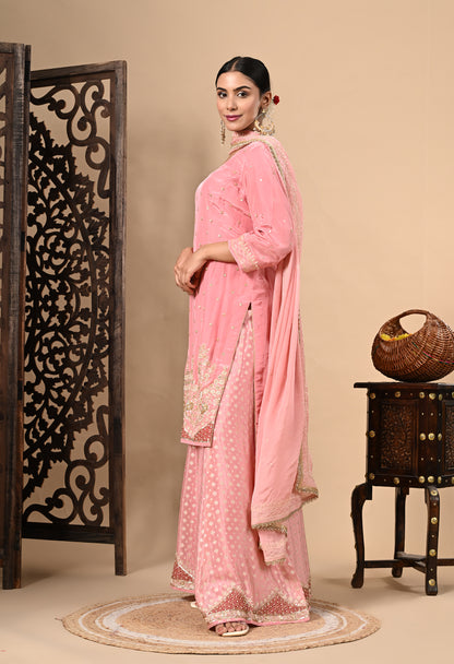 Baby Pink Sharara Set with Zardozi, Dabka, Sequence, and Thread Work