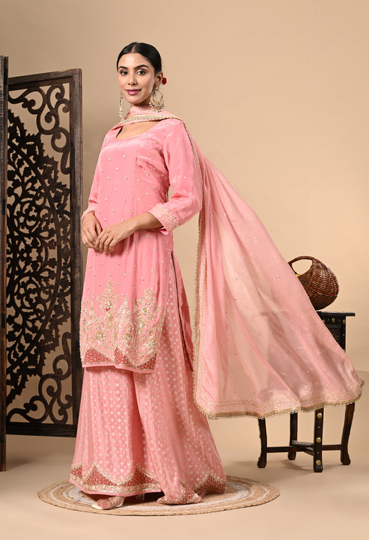 Baby Pink Sharara Set with Zardozi, Dabka, Sequence, and Thread Work