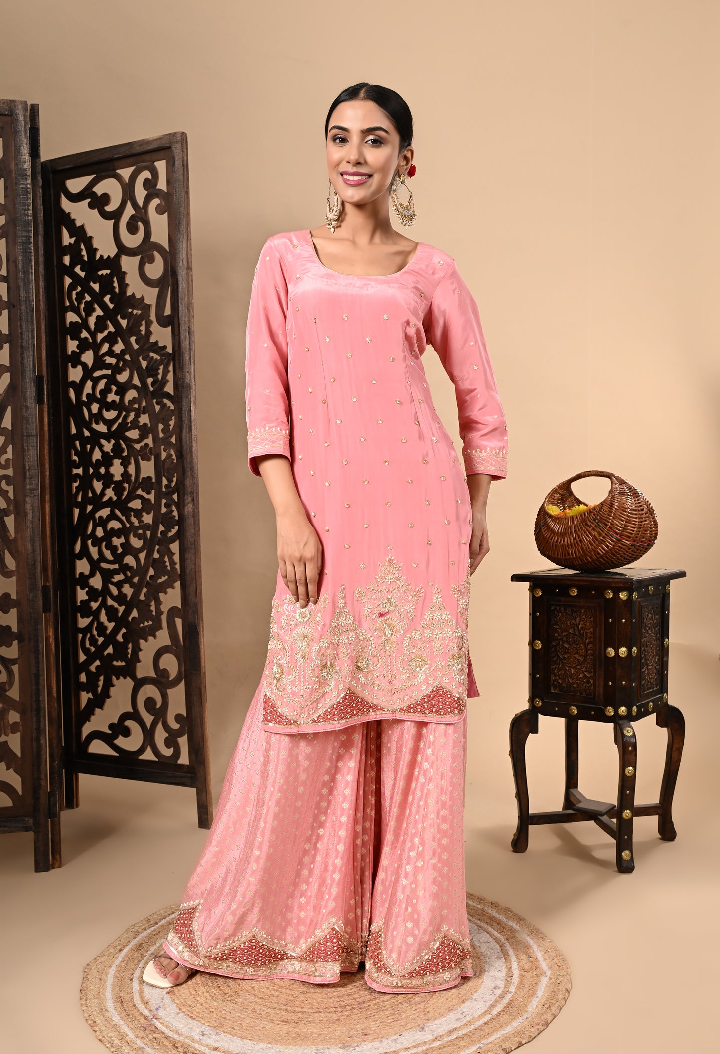 Baby Pink Sharara Set with Zardozi, Dabka, Sequence, and Thread Work