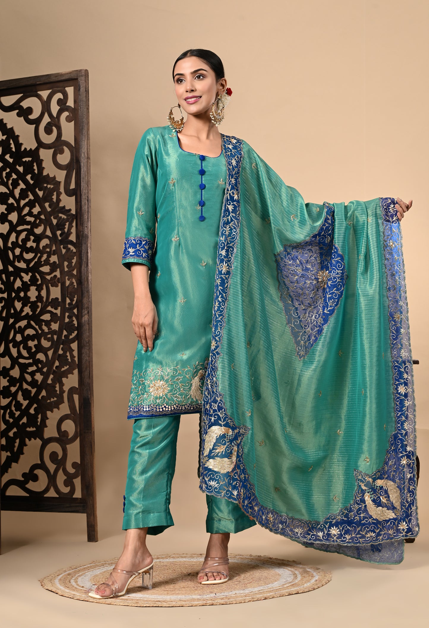 Peacock Green Kurta Set with Zardozi, Dabka, Sequence, and Thread Work