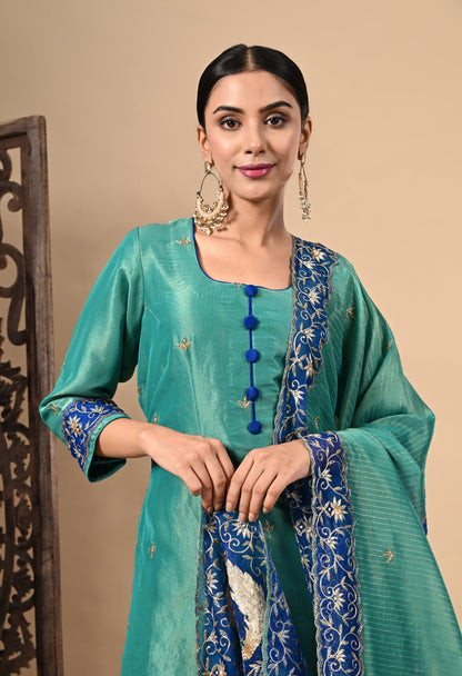 Peacock Green Kurta Set with Zardozi, Dabka, Sequence, and Thread Work