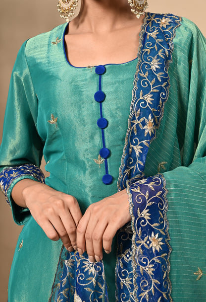 Peacock Green Kurta Set with Zardozi, Dabka, Sequence, and Thread Work