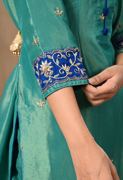 Peacock Green Kurta Set with Zardozi, Dabka, Sequence, and Thread Work