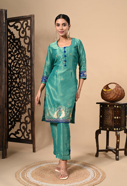 Peacock Green Kurta Set with Zardozi, Dabka, Sequence, and Thread Work