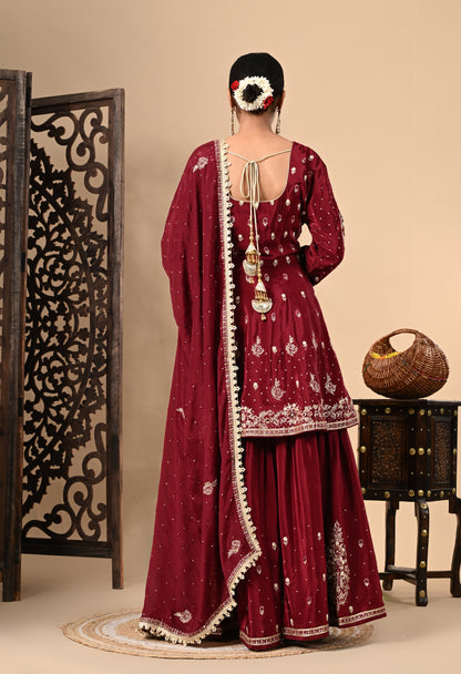 Maroon Sharara Set with Beautiful Zardozi, Dabka, Sequence, and Thread Work