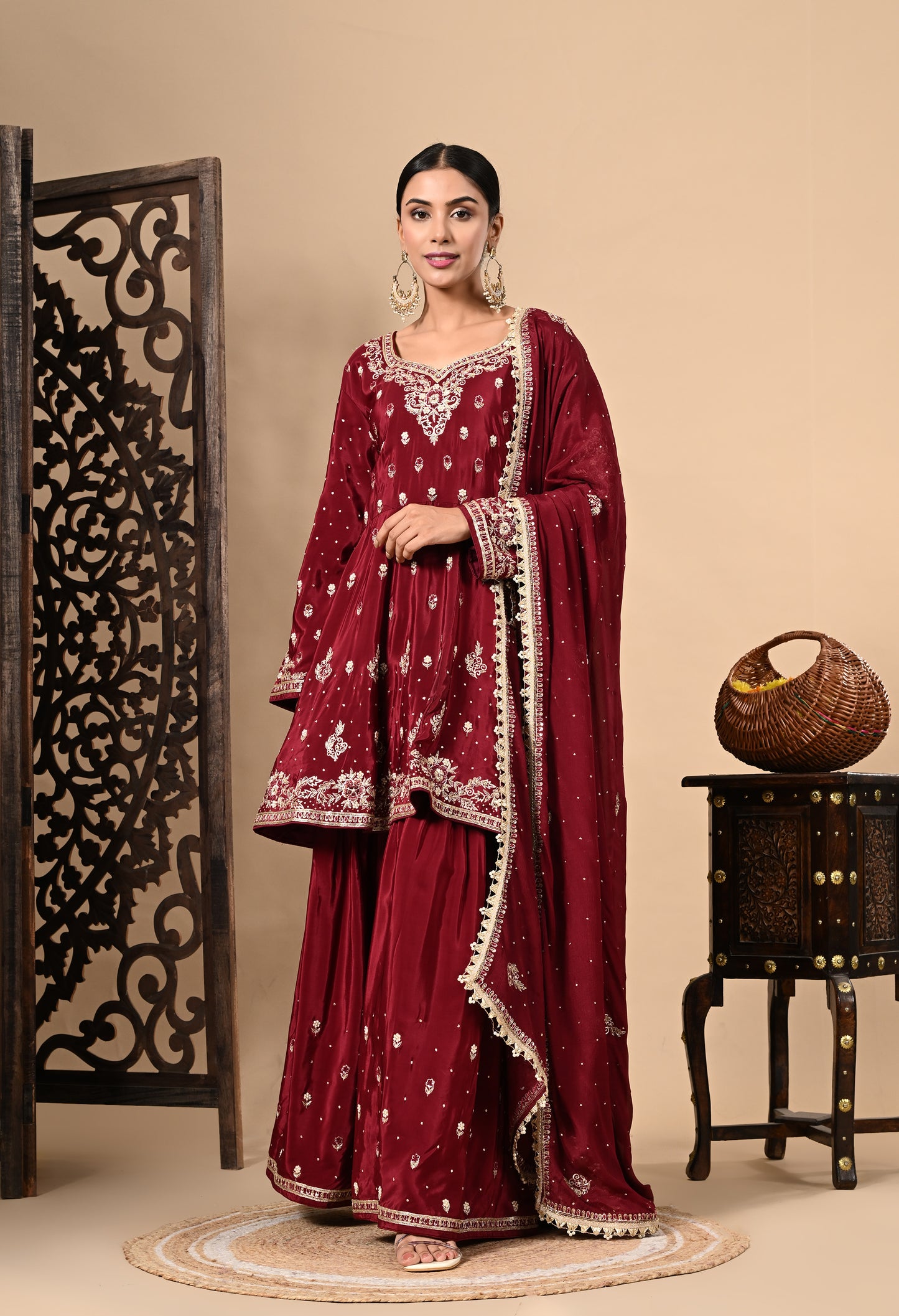 Maroon Sharara Set with Beautiful Zardozi, Dabka, Sequence, and Thread Work