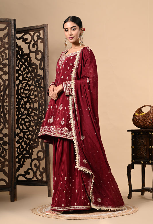 Maroon Sharara Set with Beautiful Zardozi, Dabka, Sequence, and Thread Work