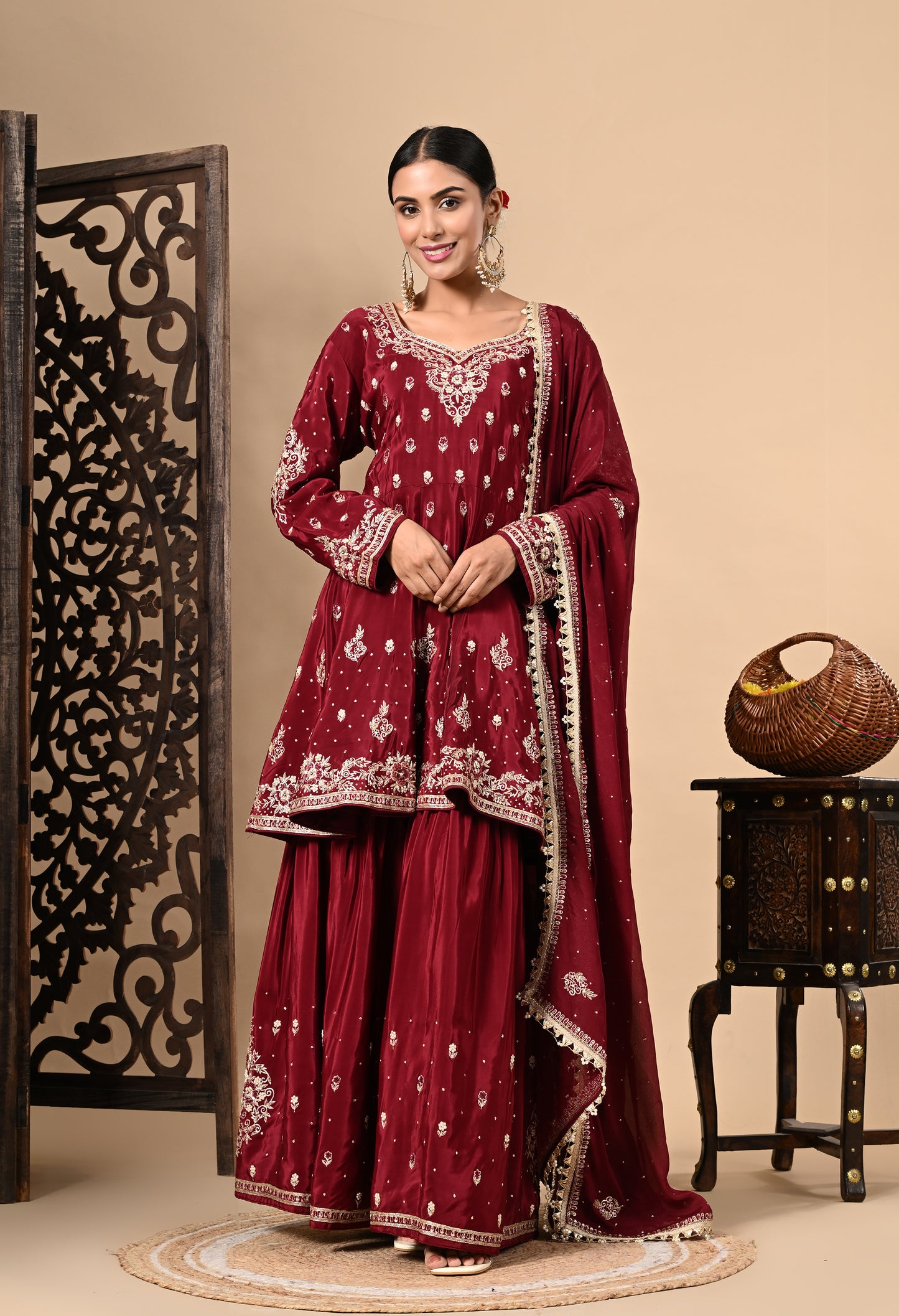 Maroon Sharara Set with Beautiful Zardozi, Dabka, Sequence, and Thread Work