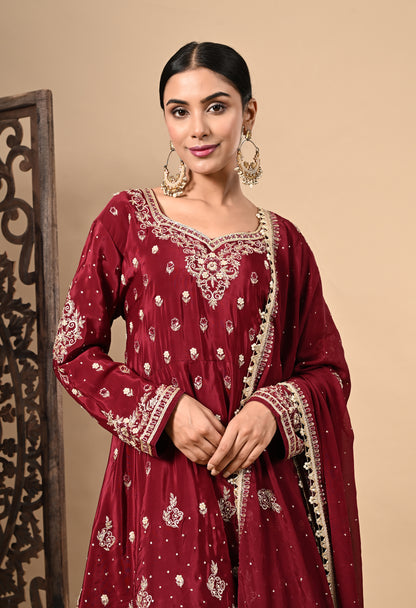 Maroon Sharara Set with Beautiful Zardozi, Dabka, Sequence, and Thread Work