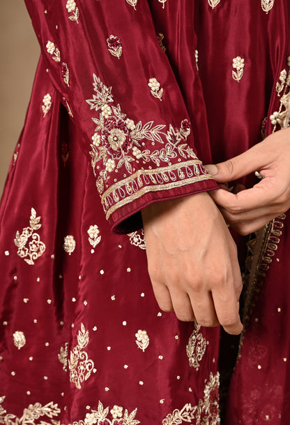 Maroon Sharara Set with Beautiful Zardozi, Dabka, Sequence, and Thread Work