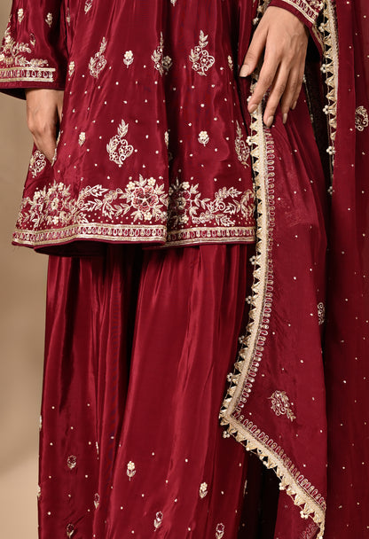 Maroon Sharara Set with Beautiful Zardozi, Dabka, Sequence, and Thread Work