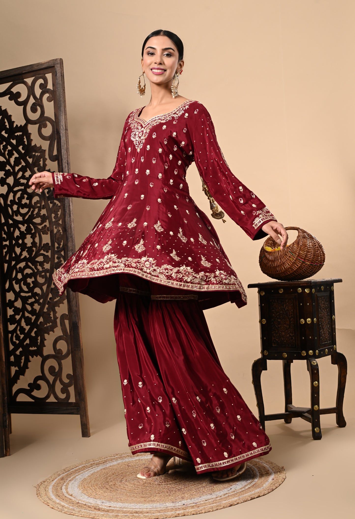 Maroon Sharara Set with Beautiful Zardozi, Dabka, Sequence, and Thread Work