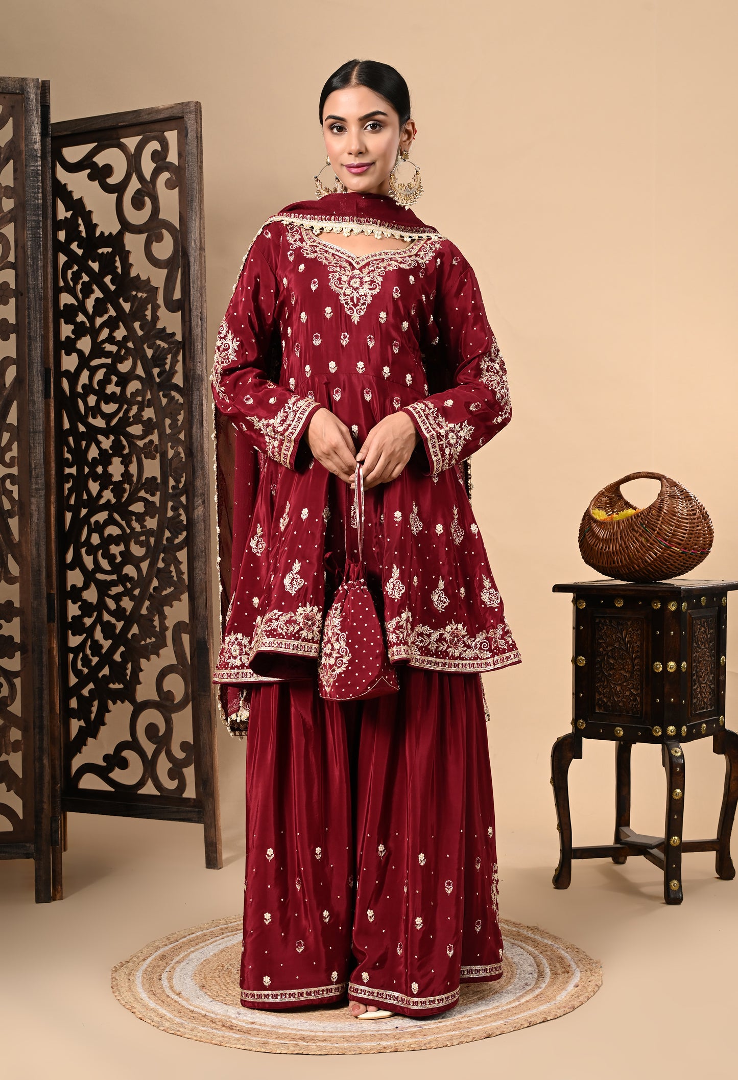 Maroon Sharara Set with Beautiful Zardozi, Dabka, Sequence, and Thread Work