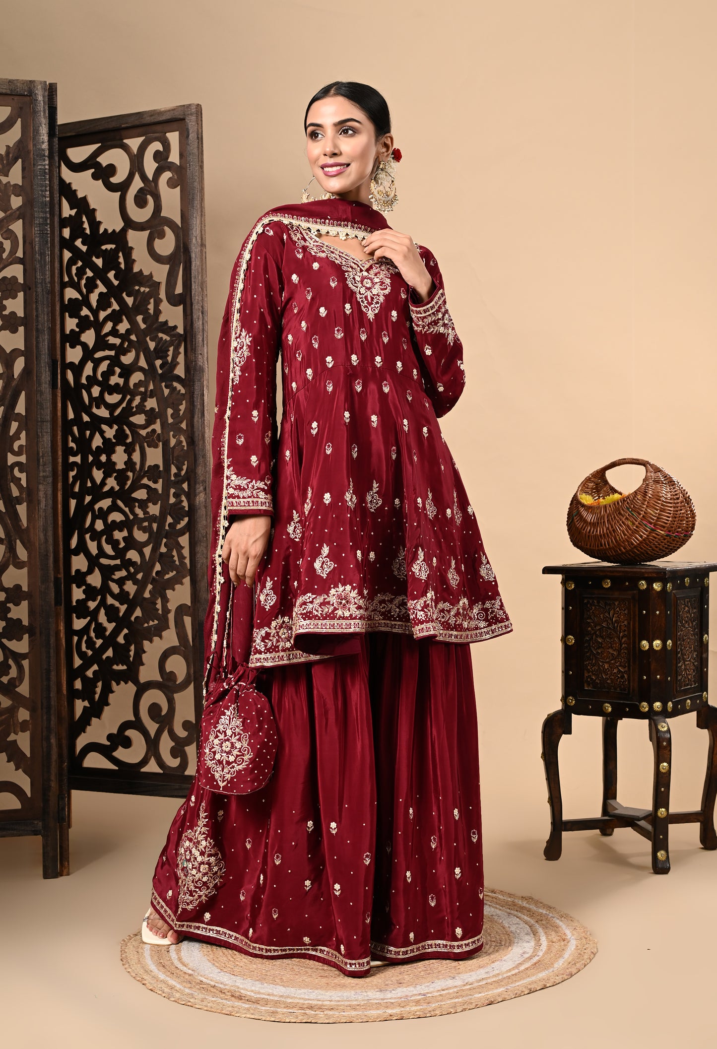 Maroon Sharara Set with Beautiful Zardozi, Dabka, Sequence, and Thread Work