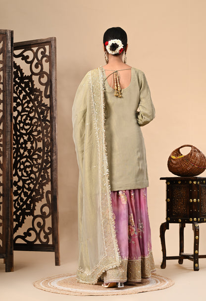 Green and Lavender Sharara Set with Zardozi, Dabka, Sequence, and Thread