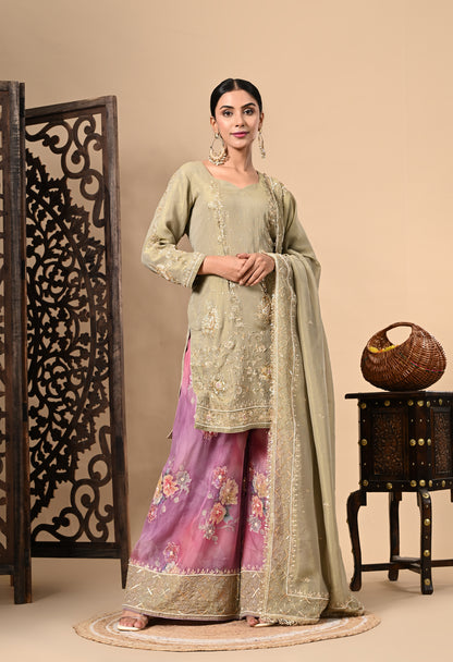 Green and Lavender Sharara Set with Zardozi, Dabka, Sequence, and Thread