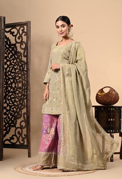 Green and Lavender Sharara Set with Zardozi, Dabka, Sequence, and Thread