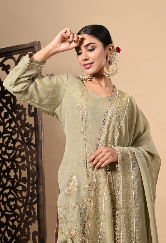 Green and Lavender Sharara Set with Zardozi, Dabka, Sequence, and Thread