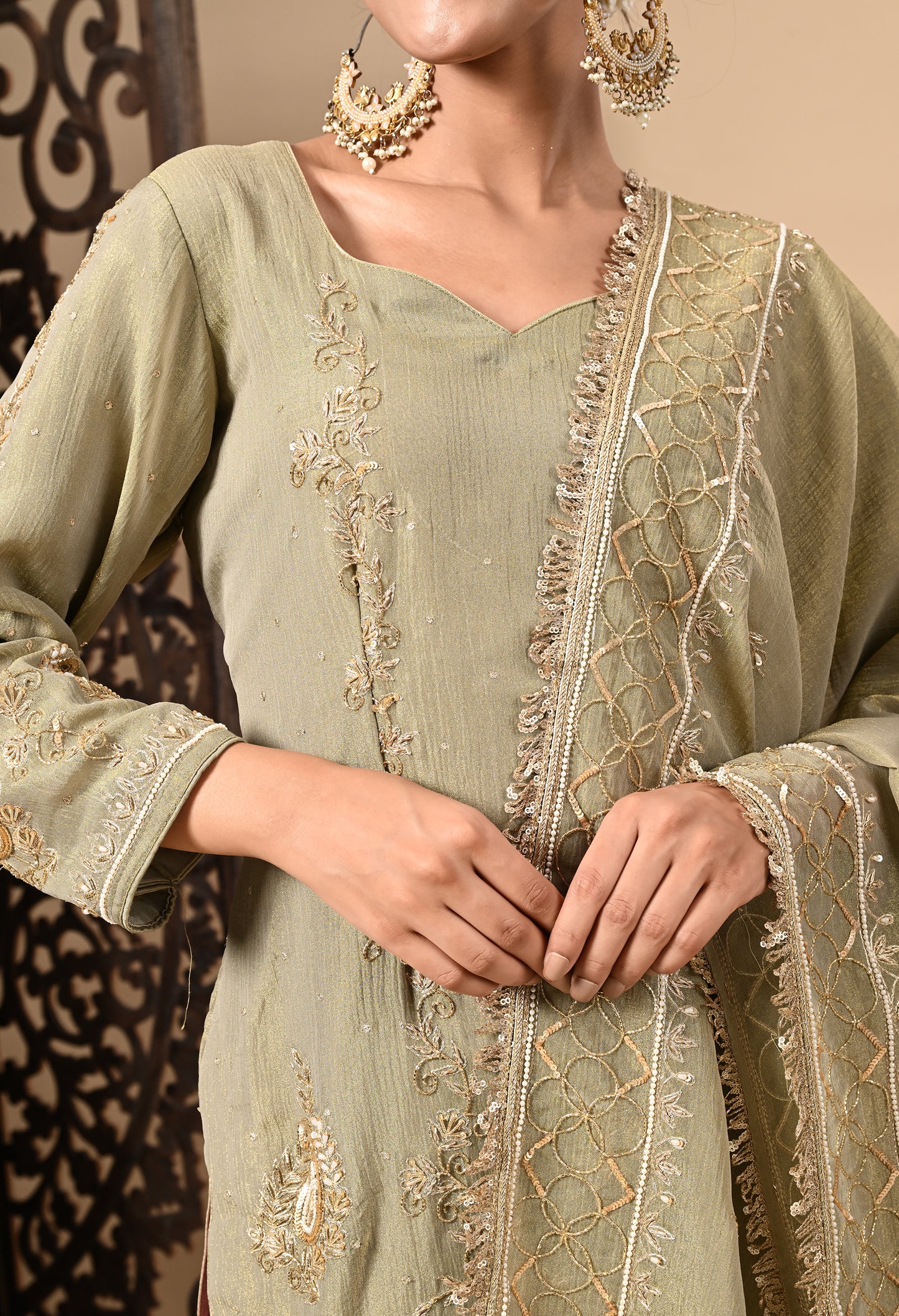 Green and Lavender Sharara Set with Zardozi, Dabka, Sequence, and Thread