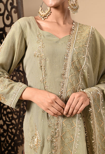 Green and Lavender Sharara Set with Zardozi, Dabka, Sequence, and Thread