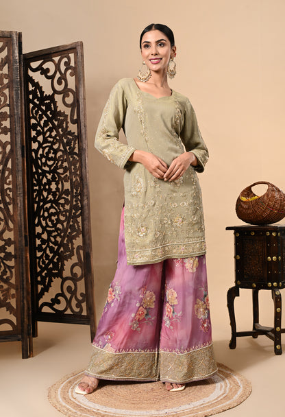 Green and Lavender Sharara Set with Zardozi, Dabka, Sequence, and Thread