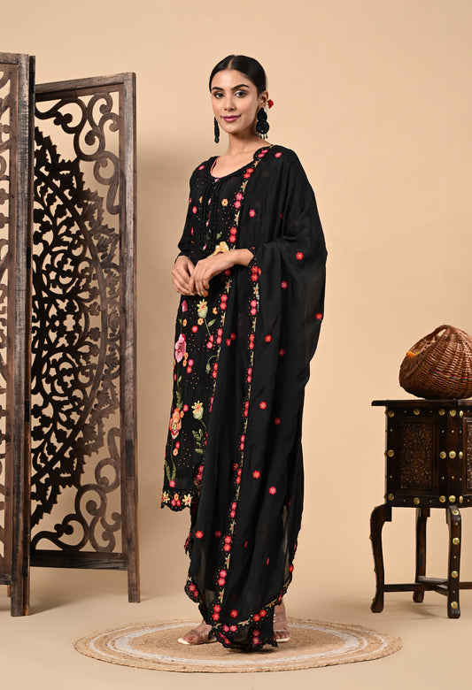 Graceful Black Kurta Set with Elegant Thread and Sequence Work