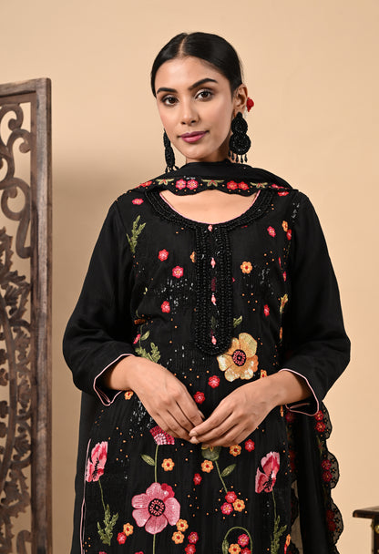 Graceful Black Kurta Set with Elegant Thread and Sequence Work